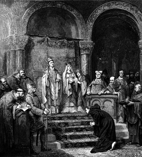 Бельгійський художник Альфред Жан Андре Клюзенаар (1837–1902) зобразив, як Папа Римський Григорій VII приймає правителя Священної Римської імперії Генріха IV в замку італійського міста Каносса 1077 року. Перед тим понтифік відлучив імператора від церкви за відмову виконувати реформи й боротьбу проти Ватикану. Генріх IV прийшов просити пробачення й отримав його. 1089-го він одружився з онукою Ярослава Мудрого Євпраксією-Адельгейдою. Жінка поскаржилася на розпусне життя і знущання над нею Папі Римському Урбану ІІ. Після цього імператора вдруге відлучили від церкви. Після смерті поховали в неосвяченій каплиці
