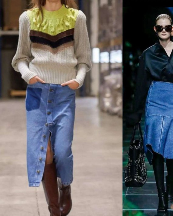 Джинсовые юбки как длинные так и короткие модно носить с кардиганом