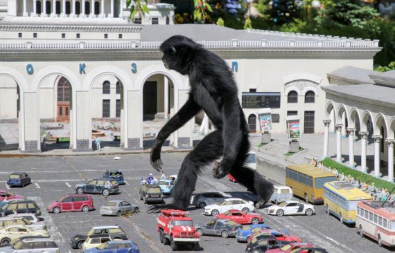 Гиббон ​​гуляет среди моделей машин в зоопарке в парке миниатюр в Бахчисарае, Крым, 24 мая 
