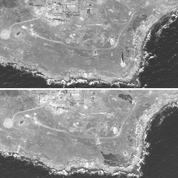 На супутникових знімках видно сліди ударів Збройних сил України по комплексу «Панцир-С1» на острові Зміїний