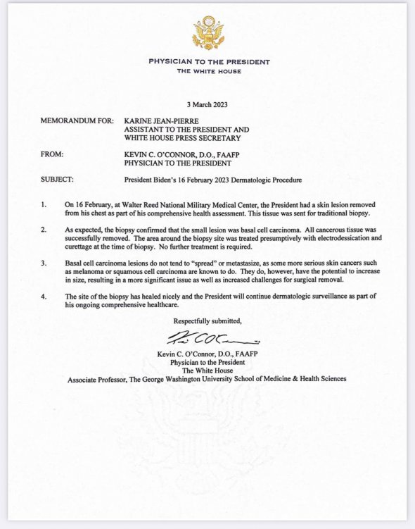 У Байдена видалили ракове утворення на шкірі