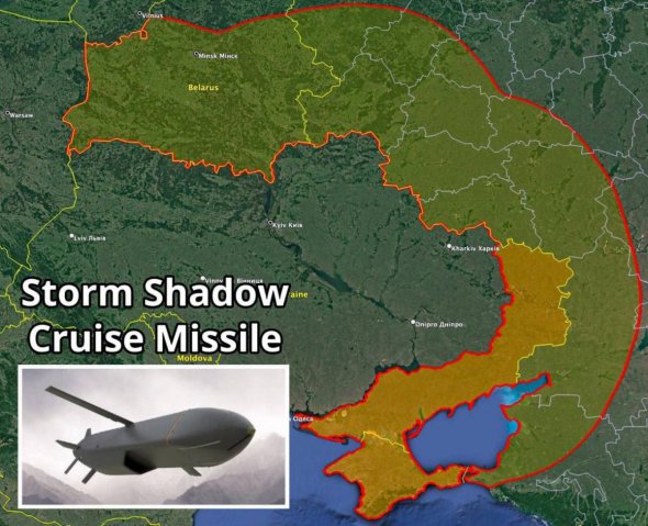 Советник Комиссии США по безопасности в Европе Пол Массаро продемонстрировал, куда могут достать ракеты Storm Shadow. 
