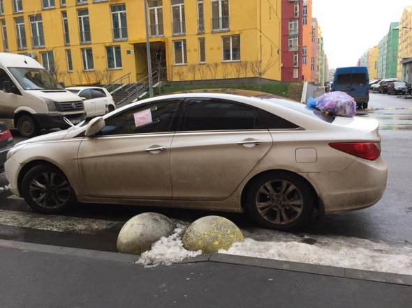 Местные жители положили пакет с мусором на капот автомобиля, припаркованного прямо на пешеходном переходе
