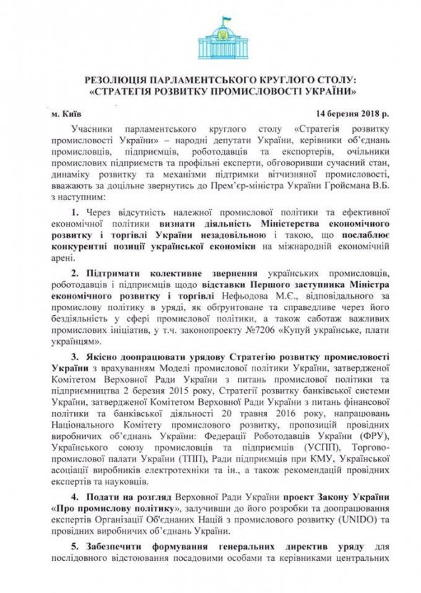Текст резолюции для Гройсмана