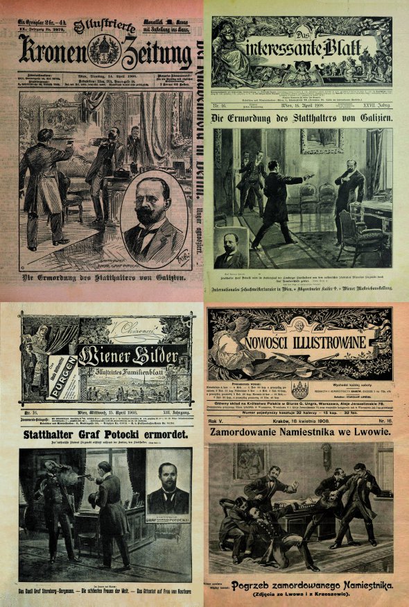 Мирослав Січинський стріляє в Андрія Потоцького. Перші шпальти австрійських газет у квітні 1908 року