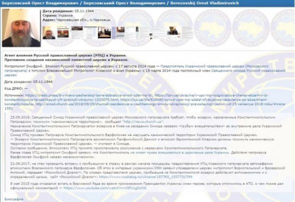 Митрополита Онуфрія внесли до бази "Миротворця" через відмову прийняти автокефалію