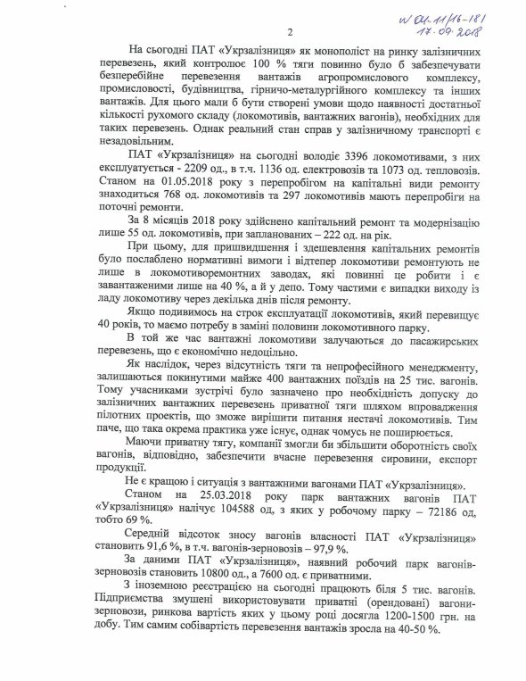 Звернення до президента України Петра Порошенка та прем’єр-міністра України Володимира Гройсмана від чотирьох Комітетів Верховної Ради України щодо неефективної роботи ПАТ "Укрзалізниця"