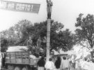 Военные помогают установить красно-черный флаг с эмблемой ОУН на столбе возле могилы Сирко